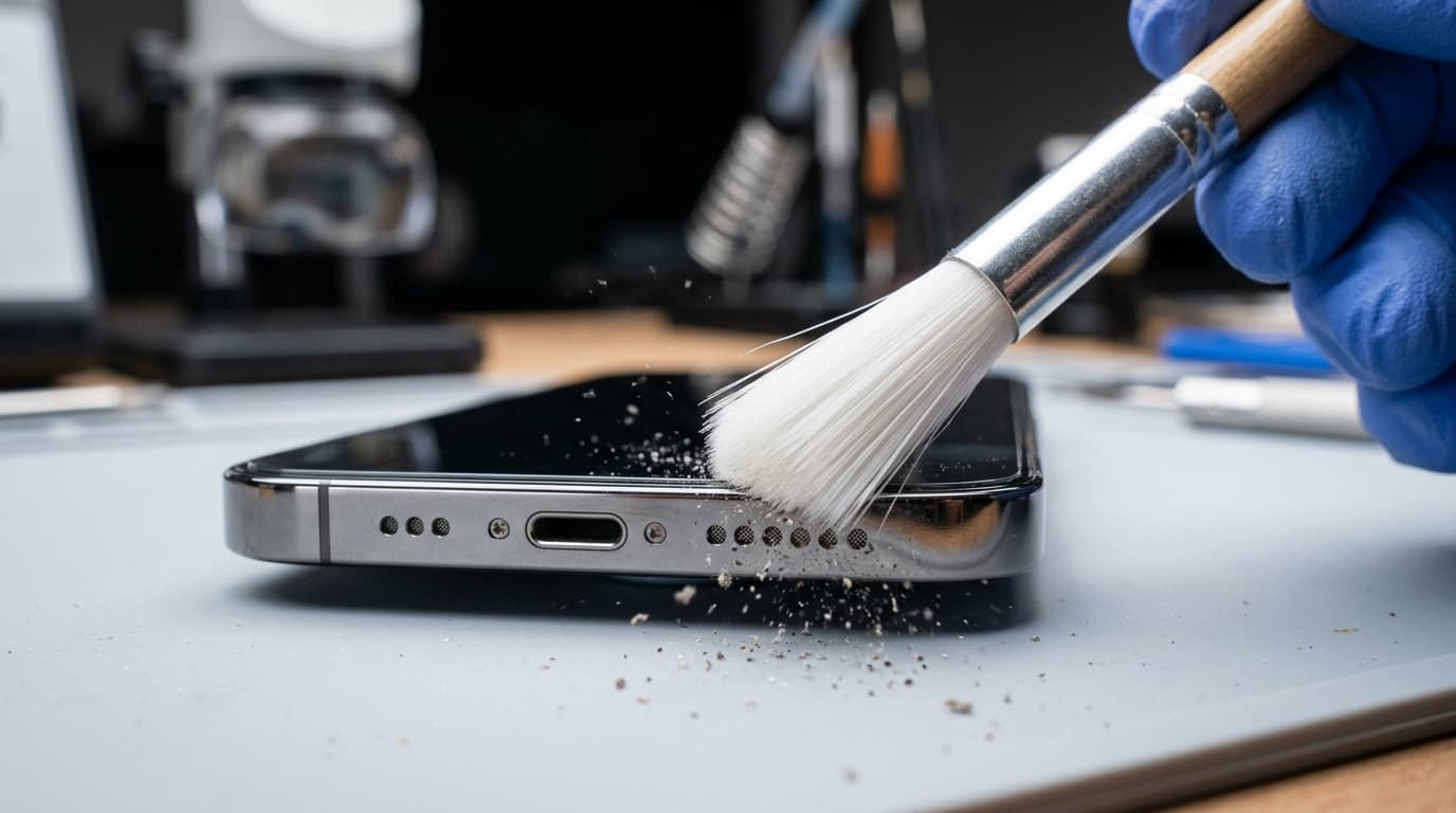 Anti-static nylon brush cleaning phone speaker grille openings at 45-degree angle