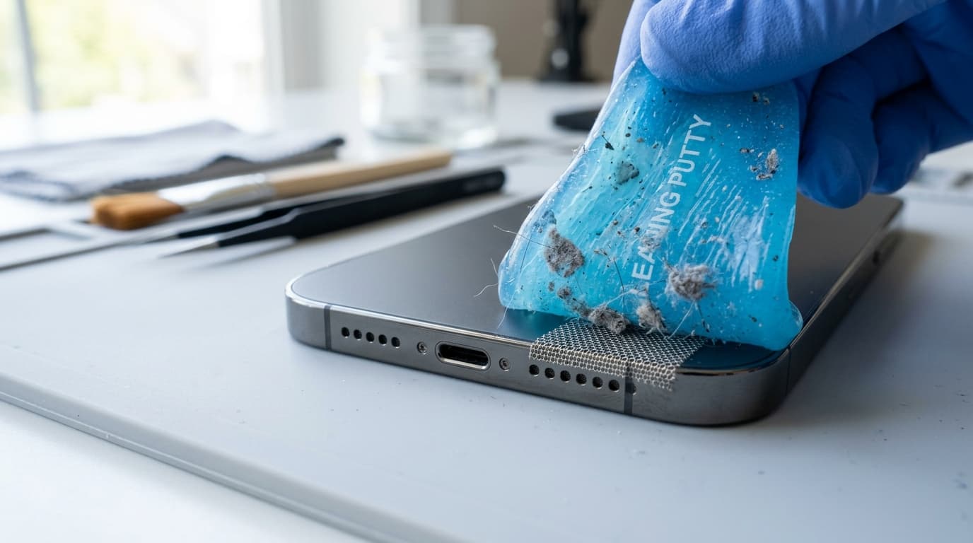 Electronics cleaning putty gently pressed onto smartphone speaker grille to lift pocket lint without mesh damage