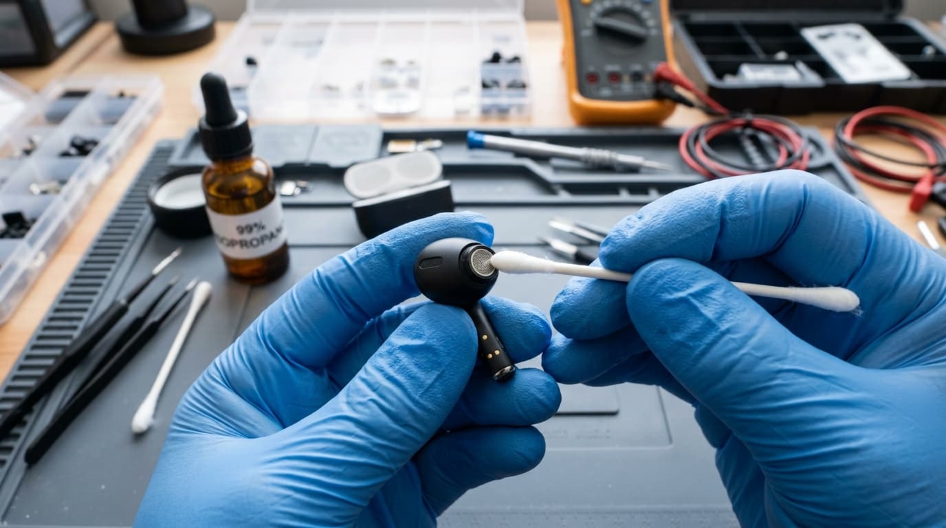 Macro technician technique: Cleaning wireless earbud acoustic filter mesh with 99% isopropyl alcohol cotton swab