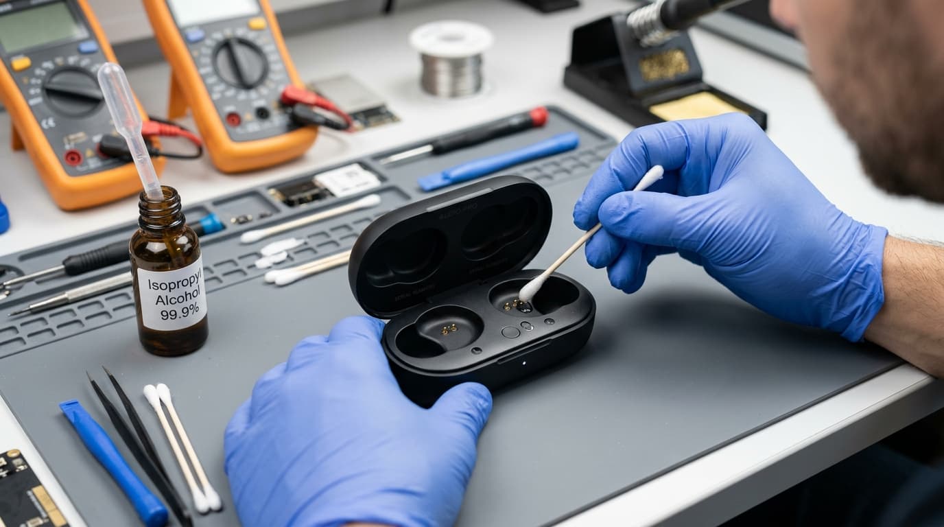Cleaning wireless earbuds magnetic gold charging pins with isopropyl alcohol swab and locating case pairing reset button
