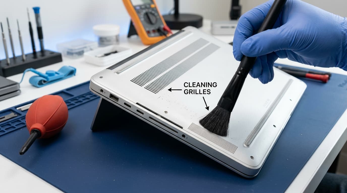 Laptop chassis cleaning: Sweeping underside speaker grilles with anti-static brush