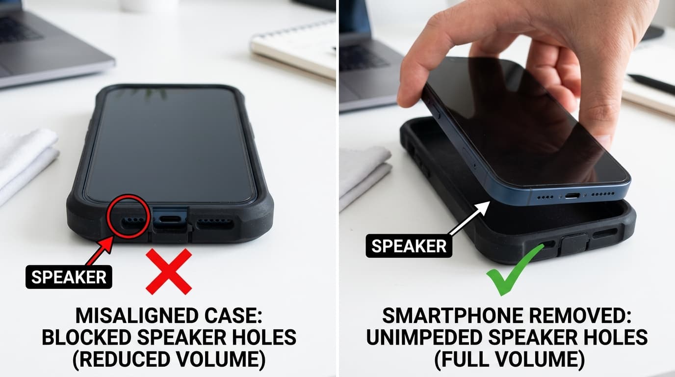 Comparison showing misaligned smartphone case blocking bottom speaker holes vs open unobstructed speakers