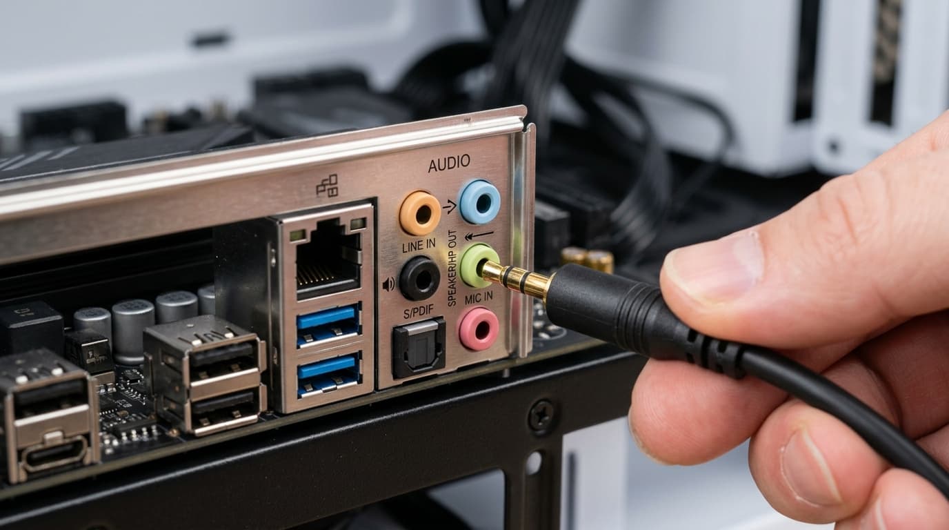 PC motherboard rear panel: Plugging speaker jack into lime-green audio out port