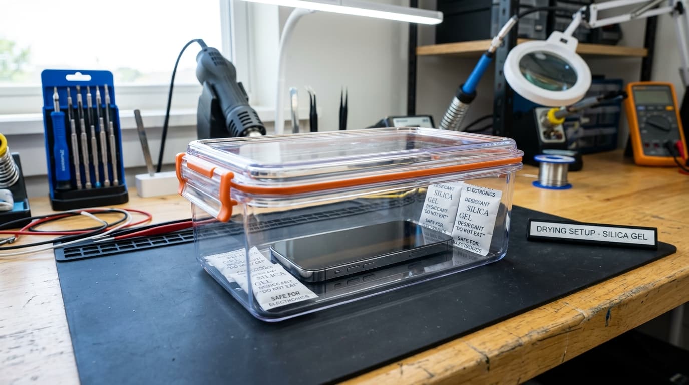 Safe drying chamber: Smartphone inside an airtight clear container with fresh silica gel desiccant packets