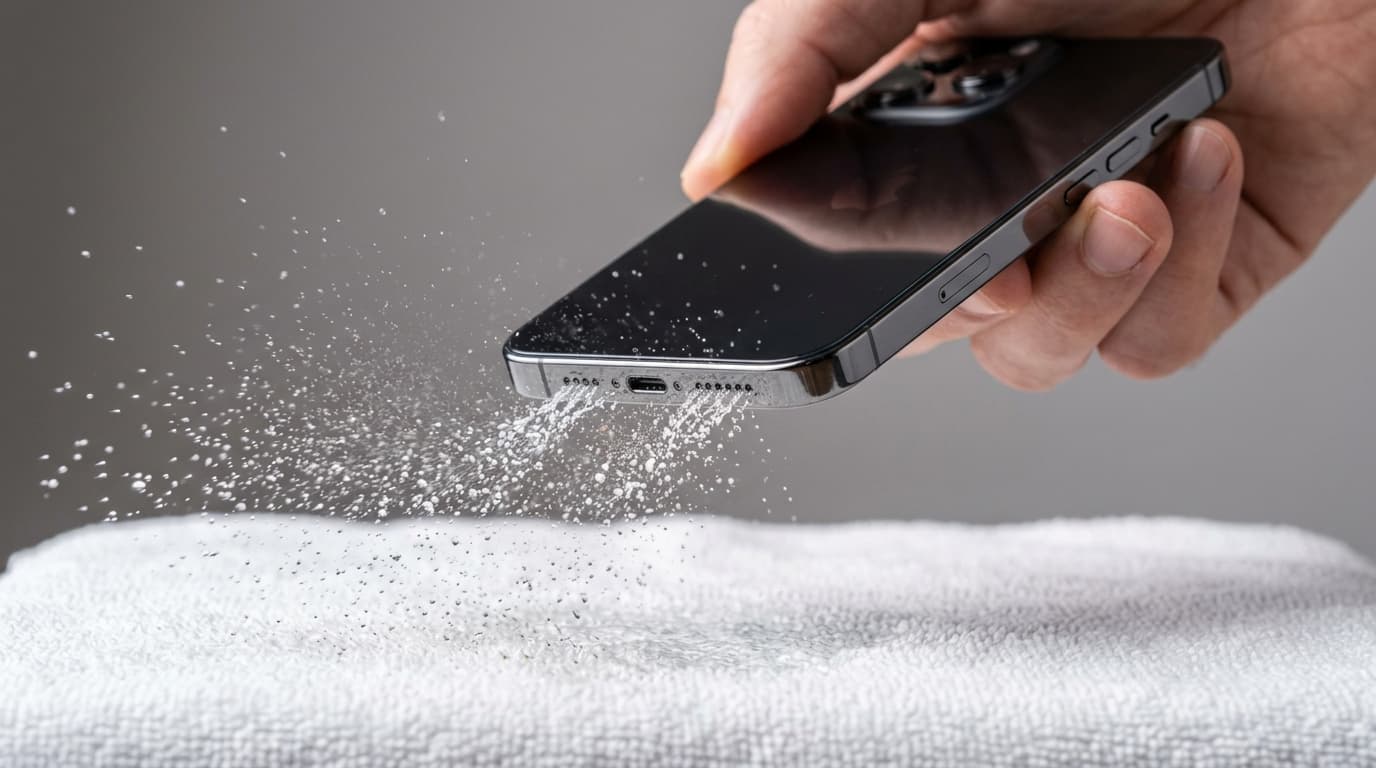 Smartphone angled 45 degrees downward over cloth to safely eject water droplets