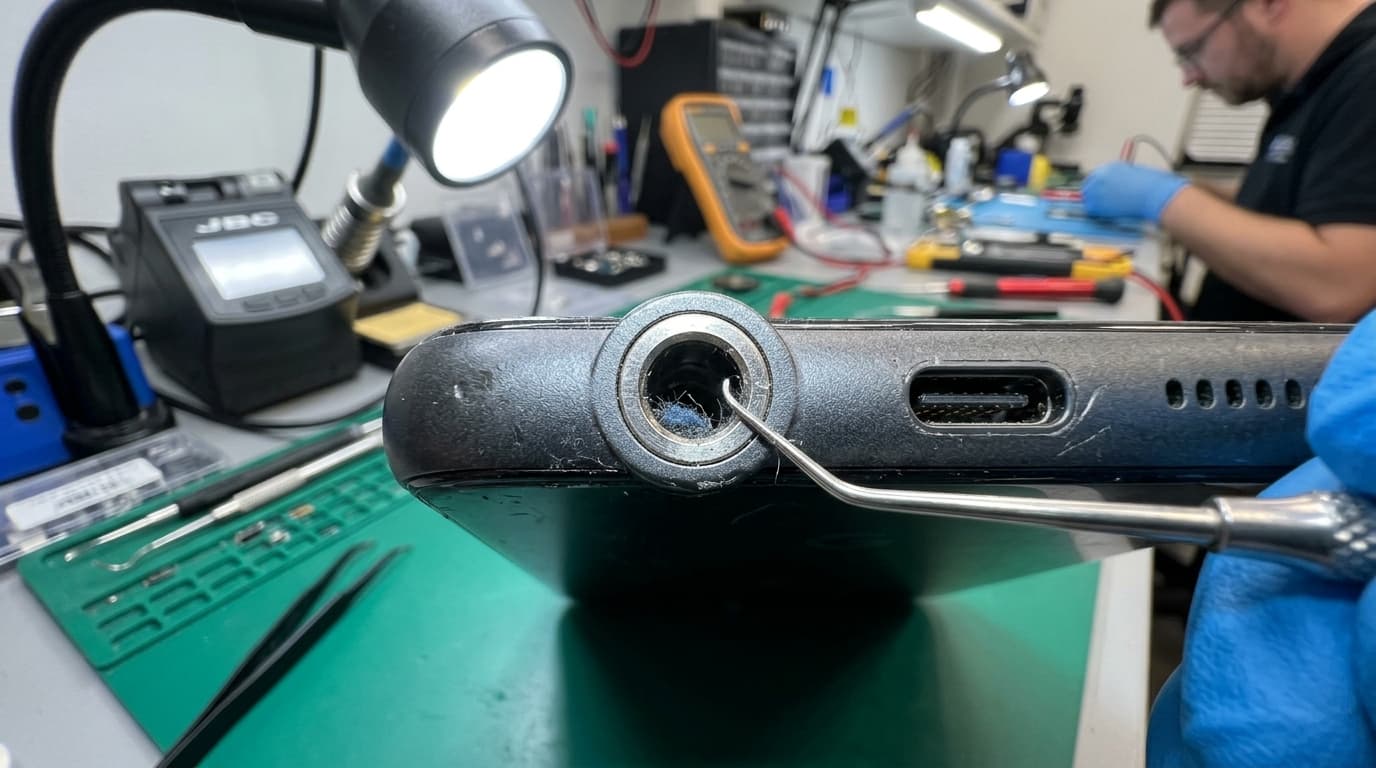 Micro-probe inspecting smartphone 3.5mm audio jack for trapped pocket lint causing stuck headphone mode