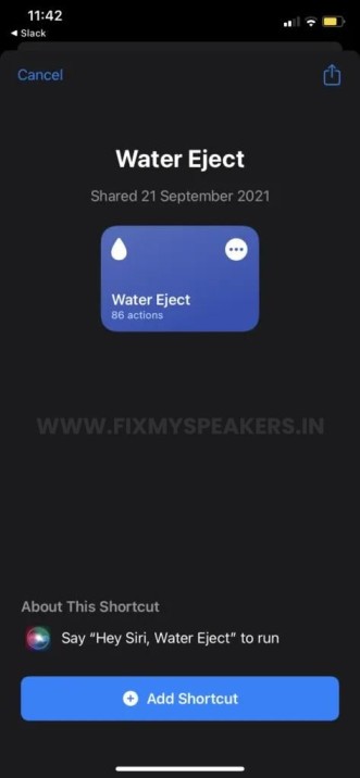 Setting up the Water Eject Shortcut in the Shortcuts app on an iPhone